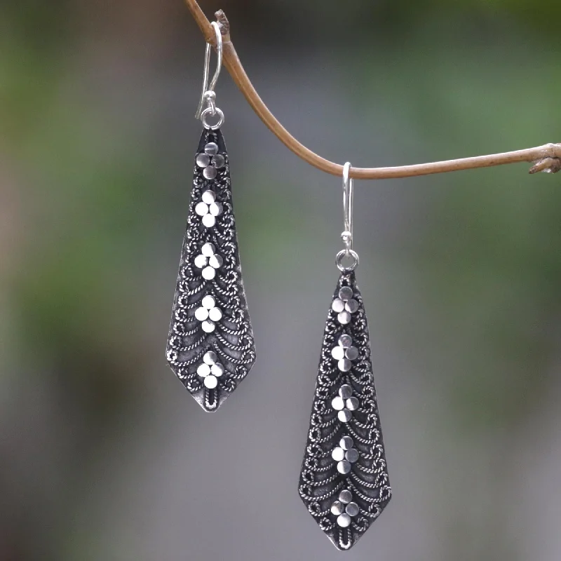 Pet ProductsFlower Sword Dangling Silver Earrings Adorned With Balinese Motifs