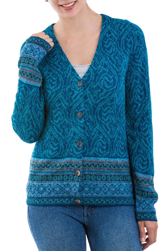 ---Dreamy Blues Teal 100% Alpaca Wool Cardigan Sweater from Peru