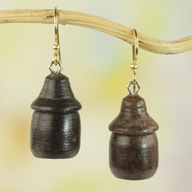 ---Village Huts Handcrafted Sese Wood Hut-Shaped Earrings from Ghana