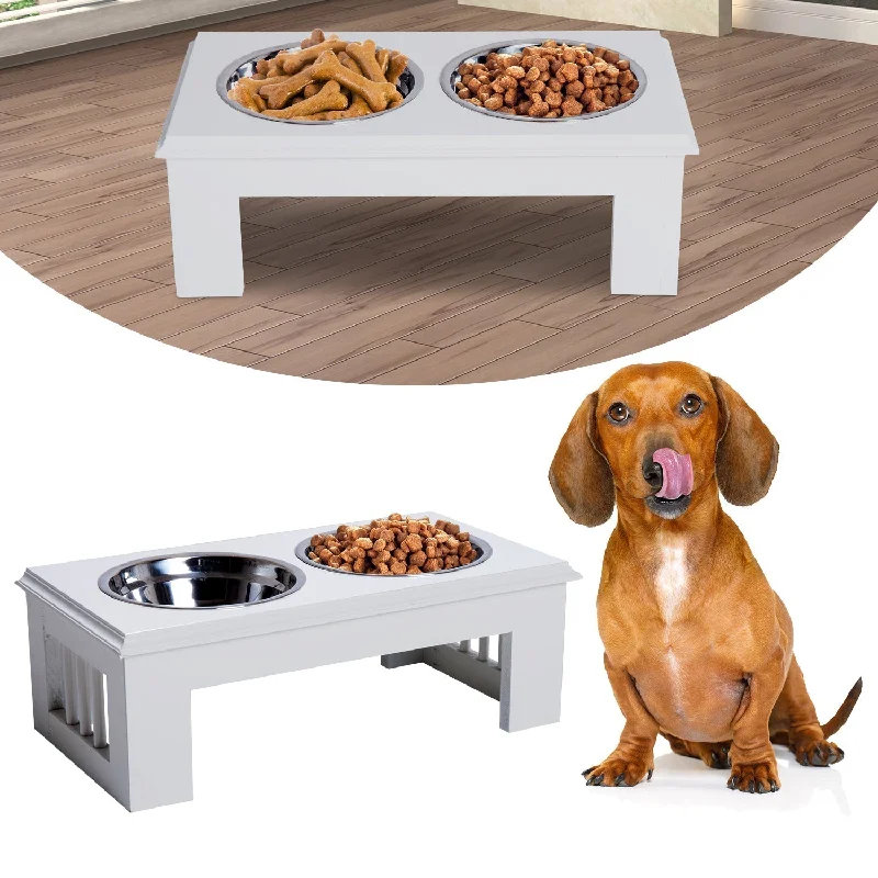  . **Cat toy cat teaser**PawHut Stainless Steel Raised Dog Feeding Bowls with Stand Elevated Twin Pet Bowls Water Food Feeder 43.7L x 24W x 15H cm - White