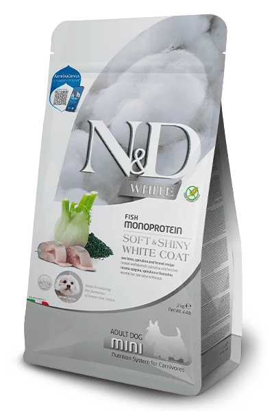 - Natural ingredient dog foodFarmina - N&D Soft & Shiny White Coat - Sea Bass, Kelp And Fennel Recipe (Dry Dog Food) - Sample