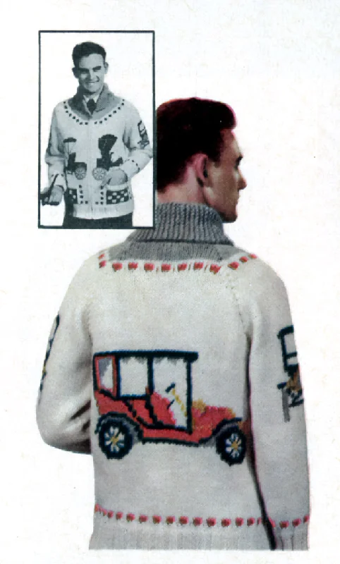 ---Men's Antiques Autos Cardigan Pattern