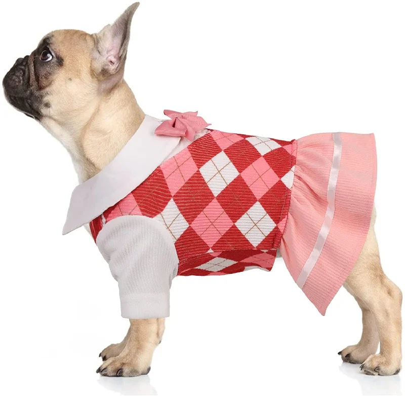 Pet retro style clothesKUTKUT Dog Cat Plaid Dress for Small Pets Puppy Kitten Plaid Ruffle Dog Dress, Small Dogs Girl Summer Dress with Bow, Pet Party & Daily Apparel for Dogs/Cats (Red)