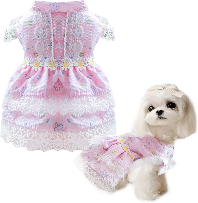 Pet night clothes with LED lightsKUTKUT Flowers Decor Eelgant Lace Princess Dress for Small Dogs | Cute Summer Skirt Dress for Shish Tzu, Bichon, Maltese etc (Pink)