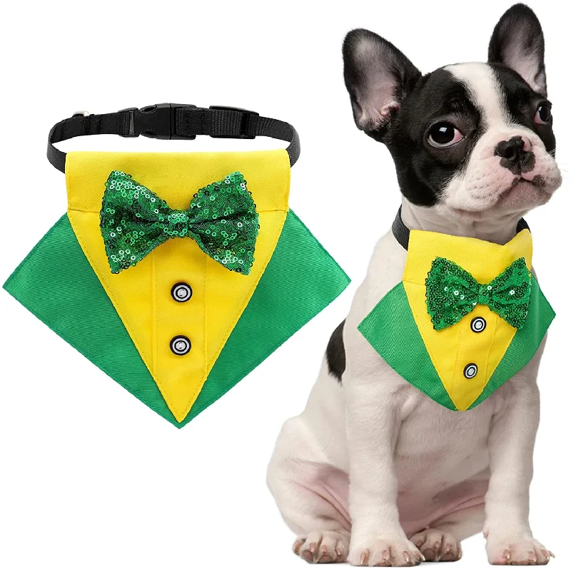 Pet birthday party clothesKUTKUT Dog Tuxedo,Pet Yellow Collar Puppy Costume Adjustable Dog Bandana Scarf Doggie Bibs, Irish Lucky Dress-Up Dog Bow Tie with D-Ring for Small Dogs