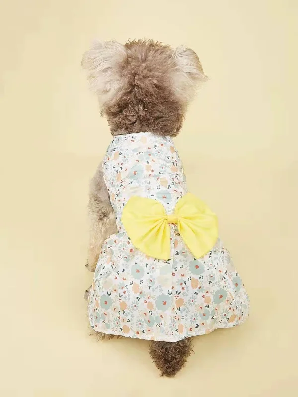 Pet fashion clothesKUTKUT Cute Florals Pattern Dog Dress with Lovely Bow Pet Apparel Dog Clothes for Small Dogs and Cats | Puppy Summer Dress Birthday Pet Apparel Dress  (Yellow)