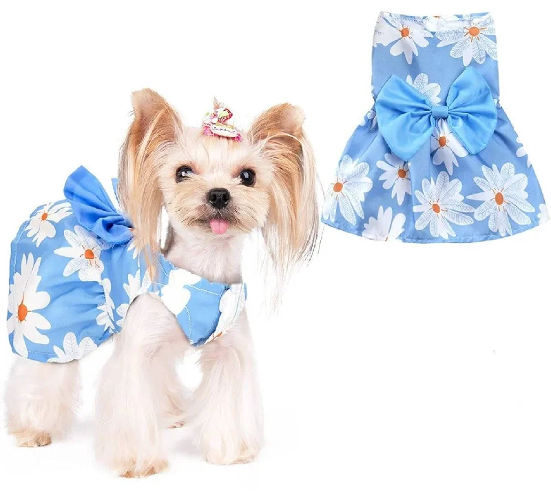 Pet Halloween clothesKUTKUT Cute Daisy Pattern Dog Dress with Lovely Bow Pet Apparel Dog Clothes for Small Dogs and Cats | Puppy Summer Dress Birthday Pet Apparel Dress ( Blue )